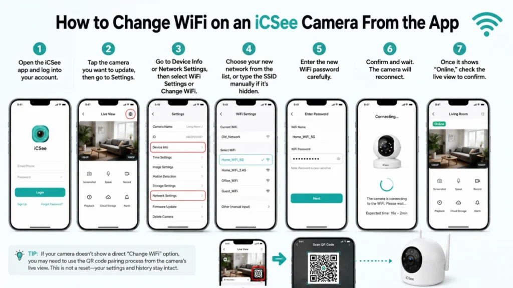 How to Change WiFi on an iCSee Camera From the App
