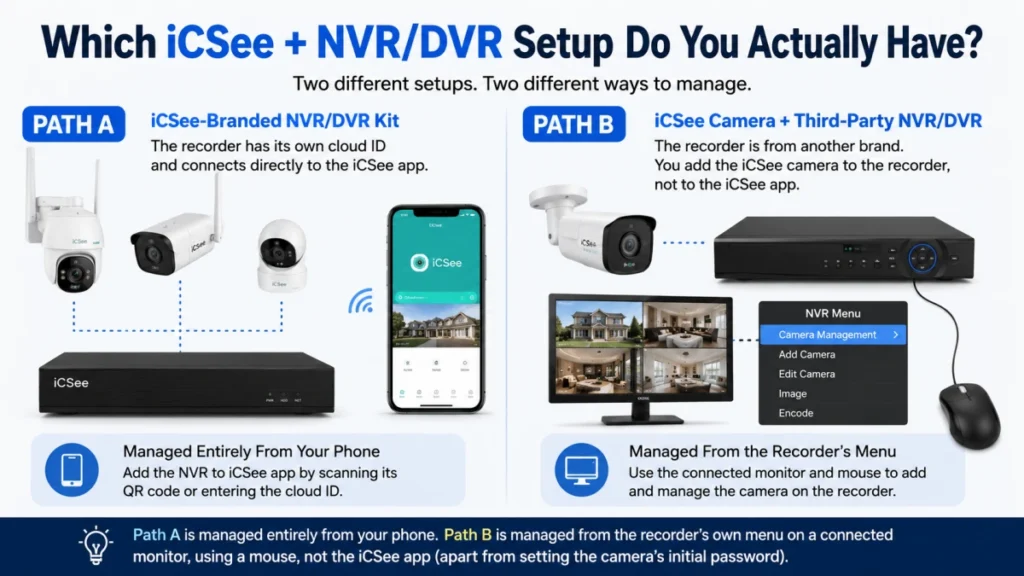 Different iCSee NVR and DVR setup options for security cameras